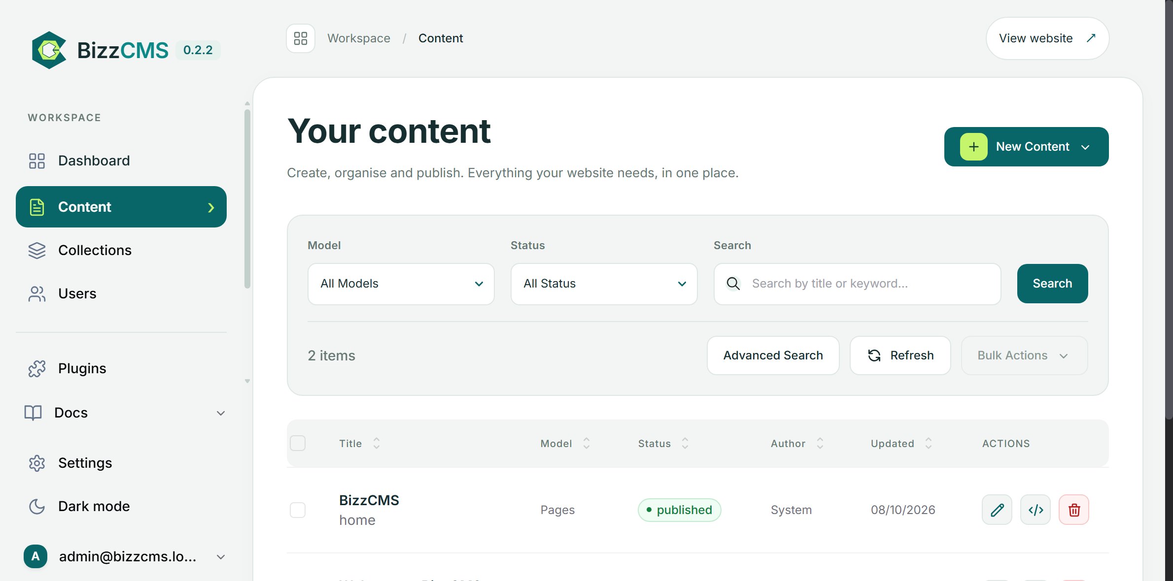 BizzCMS content list